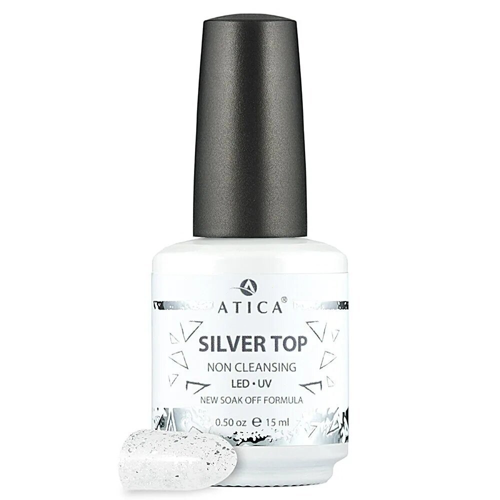 Atica Silver Top Coat NC  – blizgantis viršutinis sluoksnis be lipnumo, 15 ml