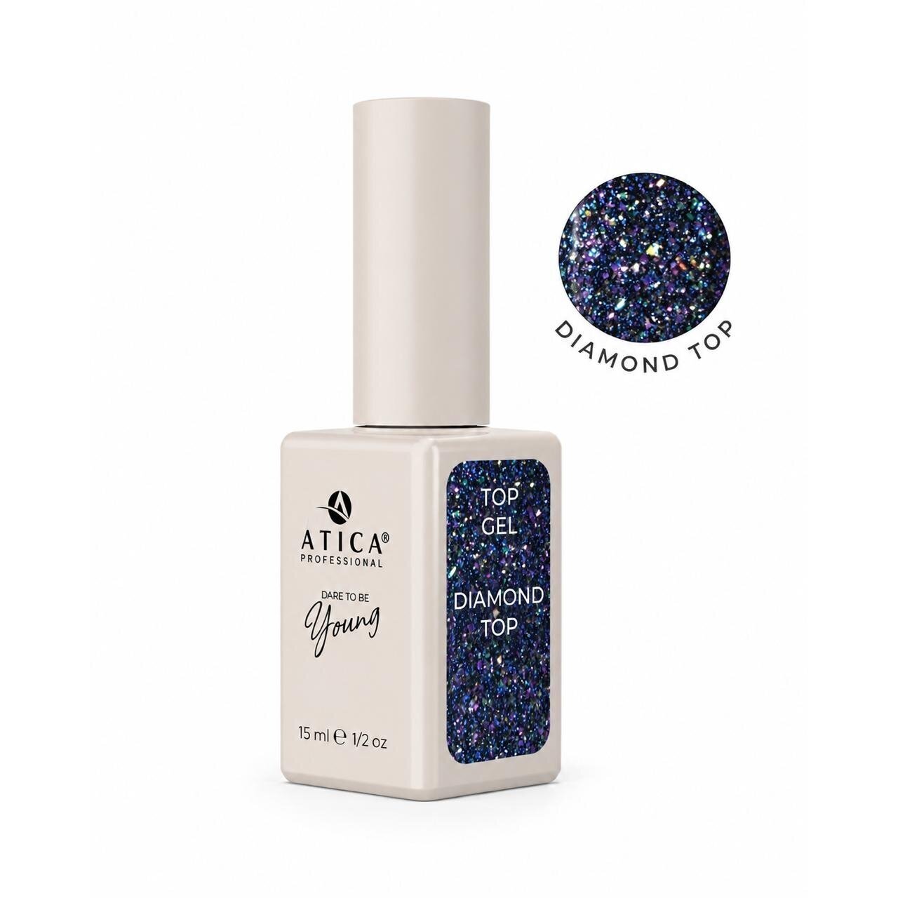 Atica DiamondTop Coat NC – blizgantis viršutinis sluoksnis be lipnumo, 15 ml Atica DiamondTop Coat NC – blizgantis viršutinis sluoksnis be lipnumo, 15 ml