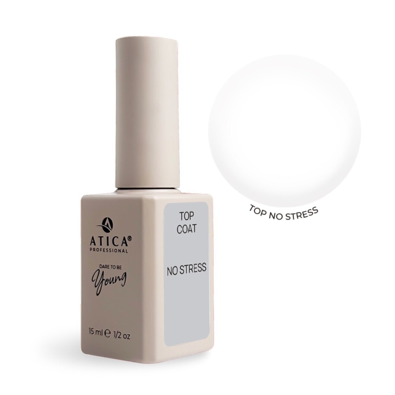 Atica No Stress Top Coat NC (TPO Free) – blizgantis viršutinis sluoksnis be lipnumo, 15 ml Atica No Stress Top Coat NC (TPO Free) – blizgantis viršutinis sluoksnis be lipnumo, 15 ml