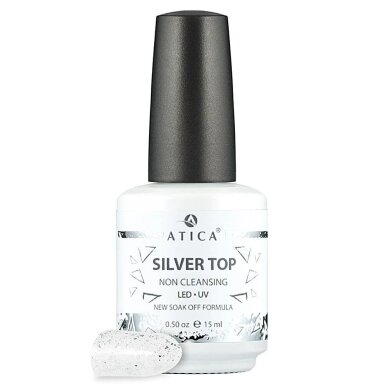 Atica Silver Top Coat NC  – blizgantis viršutinis sluoksnis be lipnumo, 15 ml