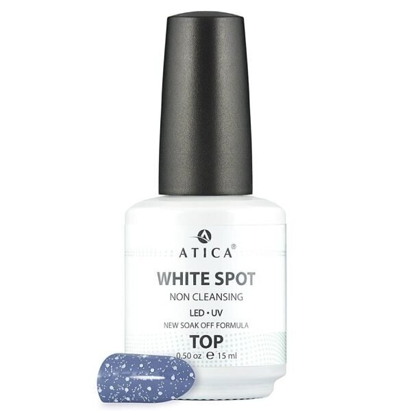 Atica White Spot Top Coat NC – viršutinis sluoksnis su baltais taškeliai be lipnumo, 15 ml Atica White Spot Top Coat NC – viršutinis sluoksnis su baltais taškeliai be lipnumo, 15 ml