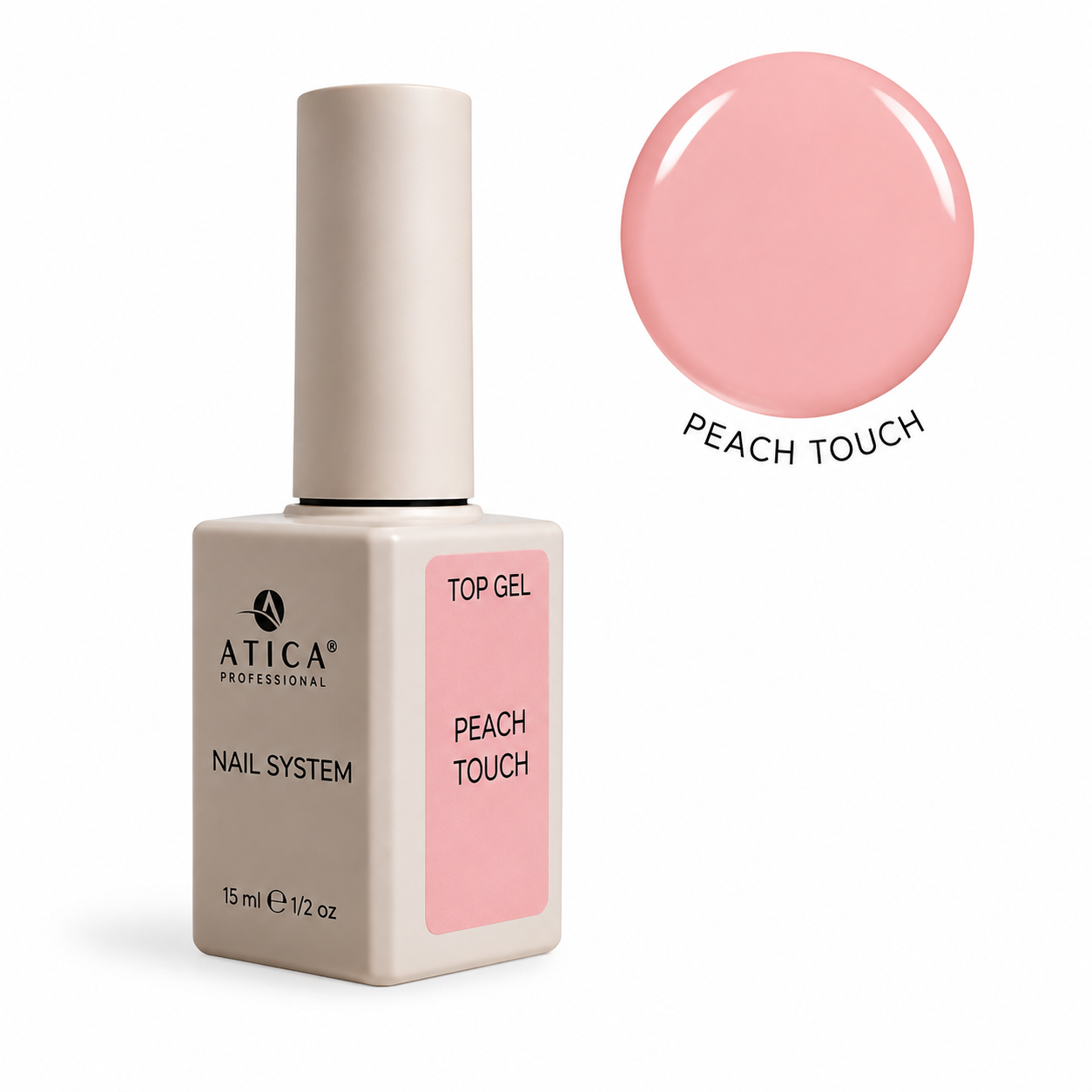 Viršutinis gelinio lakavimo sluoksnis Top Peach Touch Coat, 15 ml Viršutinis gelinio lakavimo sluoksnis Top Peach Touch Coat, 15 ml